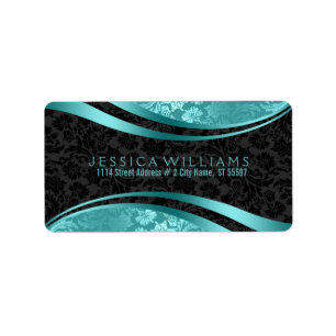 Elegant Black & Turquoise Floral Dammaskers Etiket