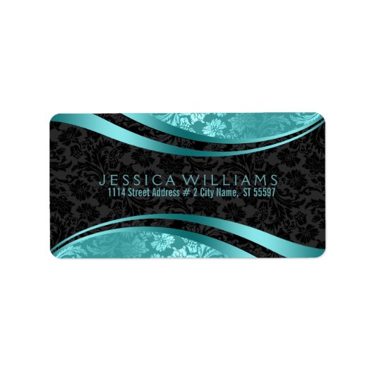 Elegant Black & Turquoise  Floral Dammaskers Etiket (Voorkant)