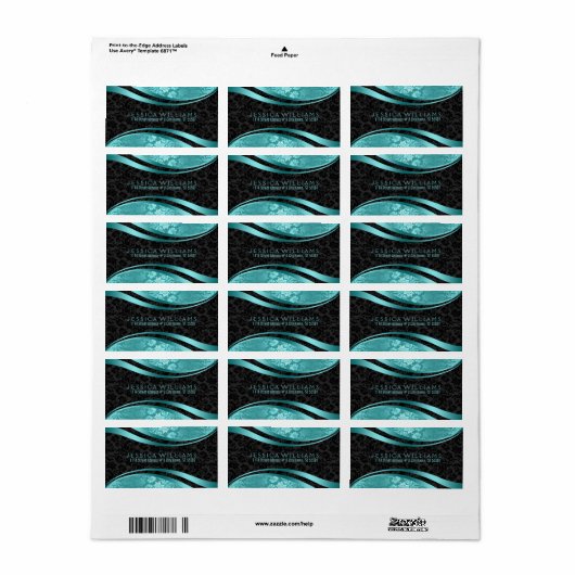 Elegant Black & Turquoise Floral Dammaskers Etiket (Full Sheet)