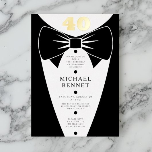 Elegant Black Tuxedo 40th Birthday Gold Folie Uitnodiging
