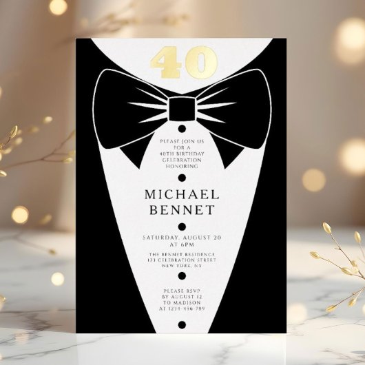 Elegant Black Tuxedo 40th Birthday Gold Folie Uitnodiging