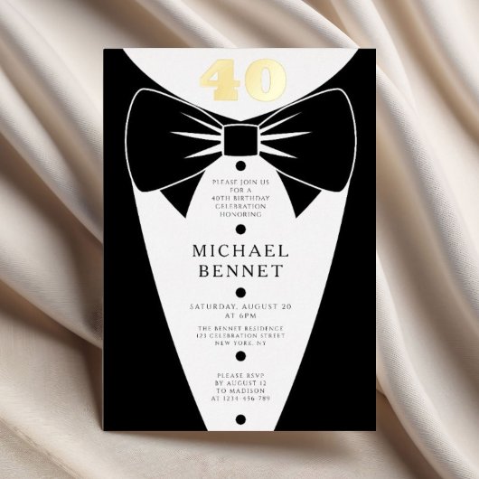 Elegant Black Tuxedo 40th Birthday Gold Folie Uitnodiging