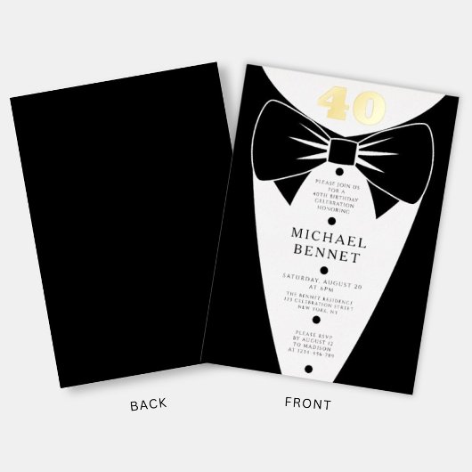 Elegant Black Tuxedo 40th Birthday Gold Folie Uitnodiging
