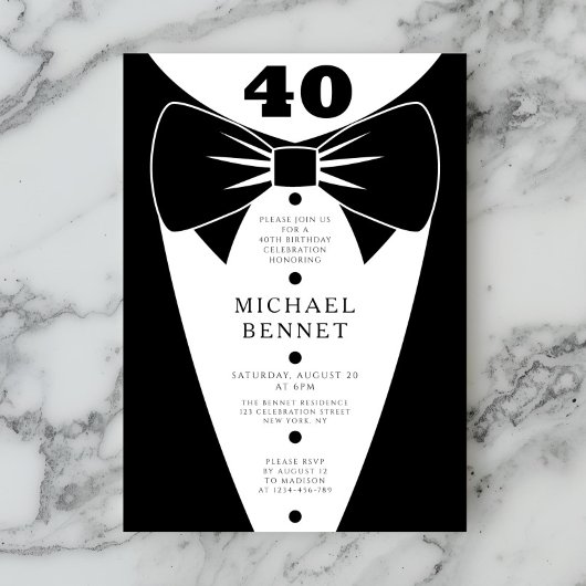 Elegant Black Tuxedo 40th Birthday Kaart
