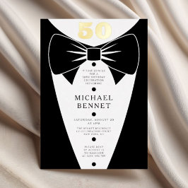 Elegant Black Tuxedo 50th Birthday Gold Folie Uitnodiging
