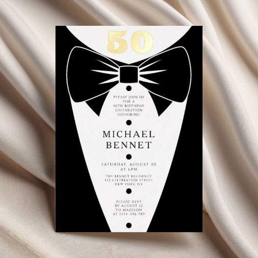 Elegant Black Tuxedo 50th Birthday Gold Folie Uitnodiging