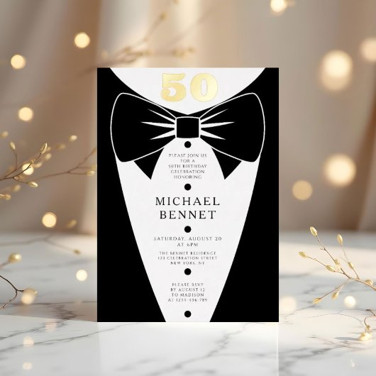 Elegant Black Tuxedo 50th Birthday Gold Folie Uitnodiging