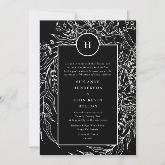 Elegant Black Tuxedo Bright White Monogram Wreate Kaart (Voorkant)