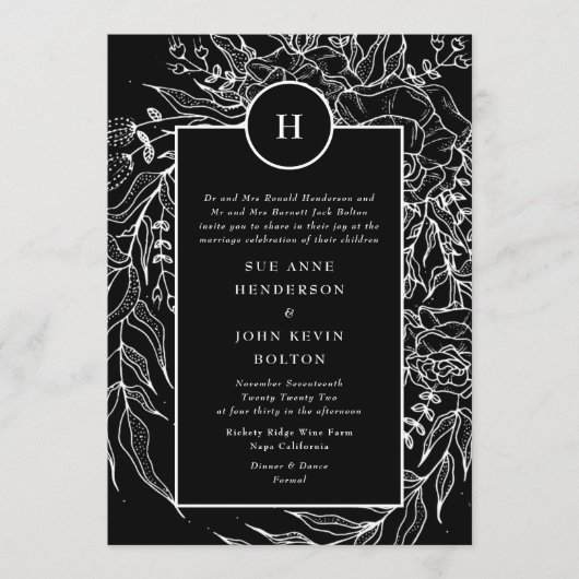 Elegant Black Tuxedo Bright White Monogram Wreate Kaart (Voorkant)