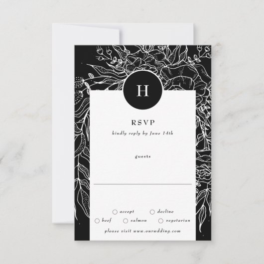 Elegant Black Tuxedo Monogram Wreath Wedding RSVP Kaartje (Voorkant)