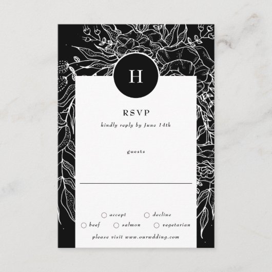 Elegant Black Tuxedo Monogram Wreath Wedding RSVP Kaartje (Voorkant)