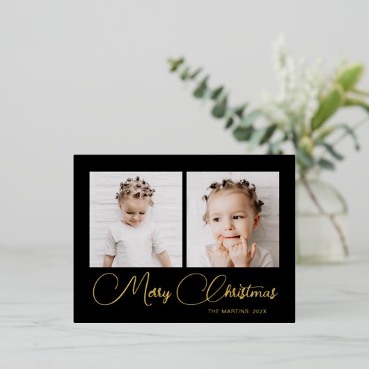 Elegant Black Two Photo Christmas Folie Feestdagen Briefkaart (Staand Voorkant)