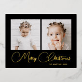 Elegant Black Two Photo Christmas Folie Feestdagen Briefkaart (Voorkant)