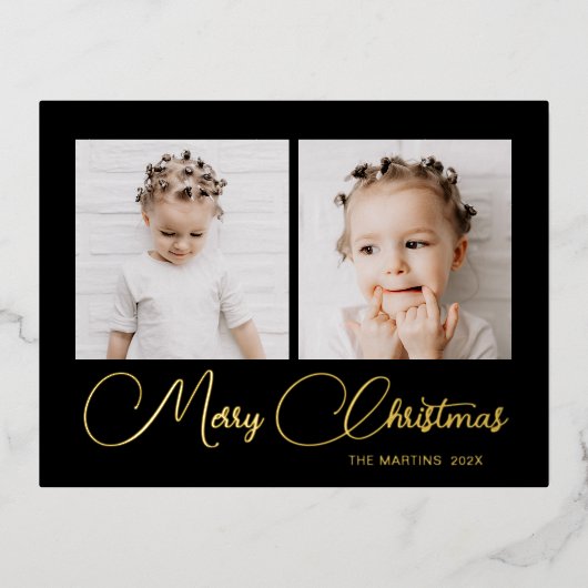 Elegant Black Two Photo Christmas Folie Feestdagen Briefkaart (Voorkant)