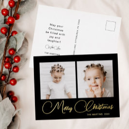 Elegant Black Two Photo Christmas Folie Feestdagen Briefkaart
