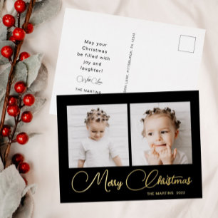 Elegant Black Two Photo Christmas Folie Feestdagen Briefkaart