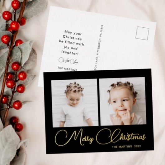 Elegant Black Two Photo Christmas Folie Feestdagen Briefkaart