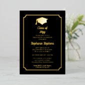 Elegant Black University Graduation Party Gold Folie Uitnodiging (Staand Voorkant)