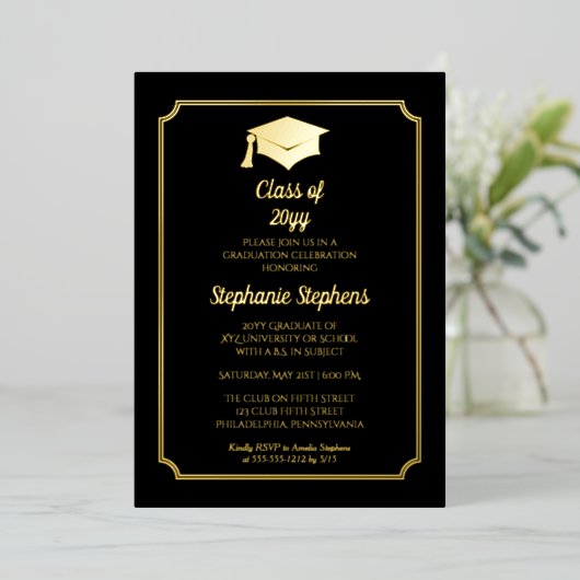 Elegant Black University Graduation Party Gold Folie Uitnodiging (Staand Voorkant)