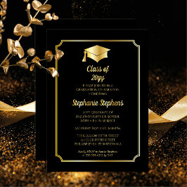 Elegant Black University Graduation Party Gold Folie Uitnodiging