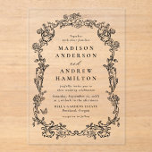 Elegant Black Victorian Floral Frame Wedding Acryl Uitnodigingen (Voorkant)