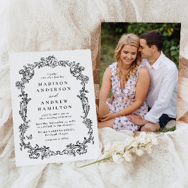 Elegant Black Victorian Floral Photo Wedding Kaart