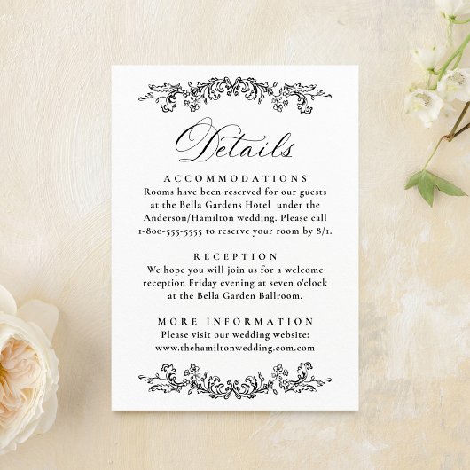 Elegant Black Victorian Floral Wedding Details Informatiekaartje