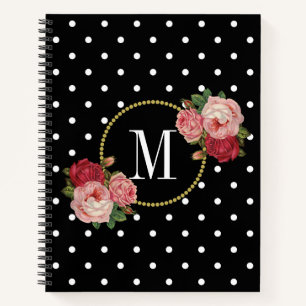 Elegant Black Vintage Blush Flowers Stip Monogram Notitieboek