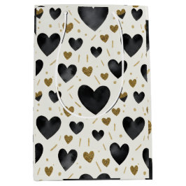 Elegant Black Watercolor & Gold Glitter Heart Patt Medium Cadeauzakje