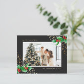 Elegant Black Waterverf Holly Foto Kerstmis Feestdagenkaart (Staand voorkant)