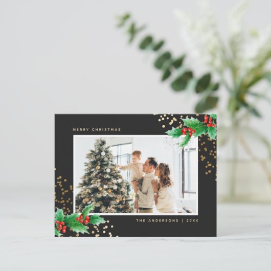 Elegant Black Waterverf Holly Foto Kerstmis Feestdagenkaart (Staand voorkant)