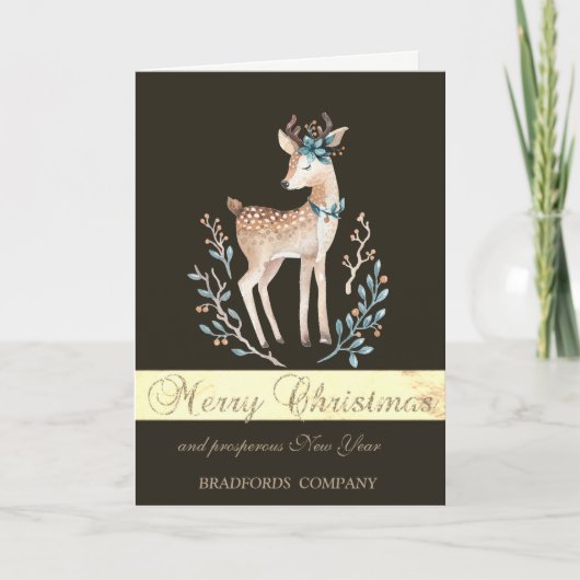 Elegant Black, Waterverf kerstdeer Feestdagen Kaart (Voorkant)