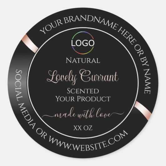Elegant Black Wavy Rose Gold Logo Product Labels (Voorkant)