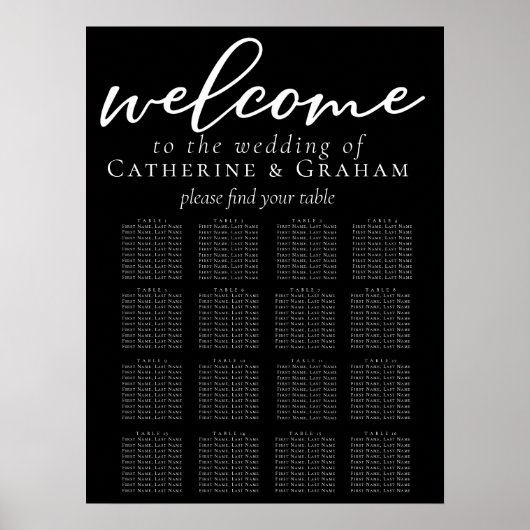 Elegant Black Wedding 16 Table Seating Chart Poster (Voorkant)