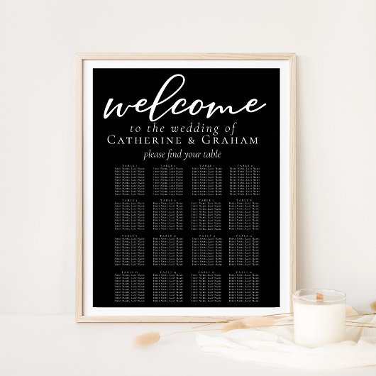 Elegant Black Wedding 16 Table Seating Chart Poster