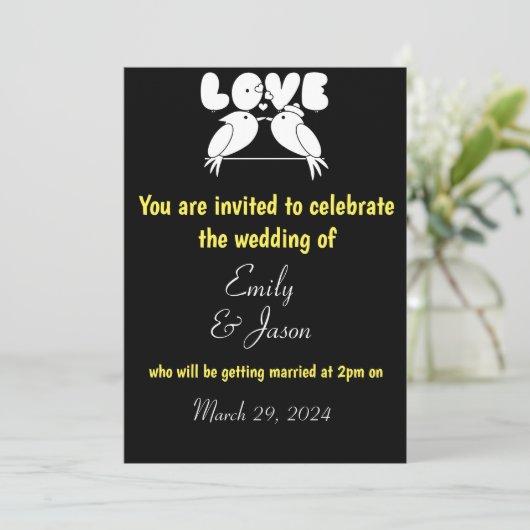 Elegant Black Wedding Invitation met liefdesvogels Kaart (Staand voorkant)