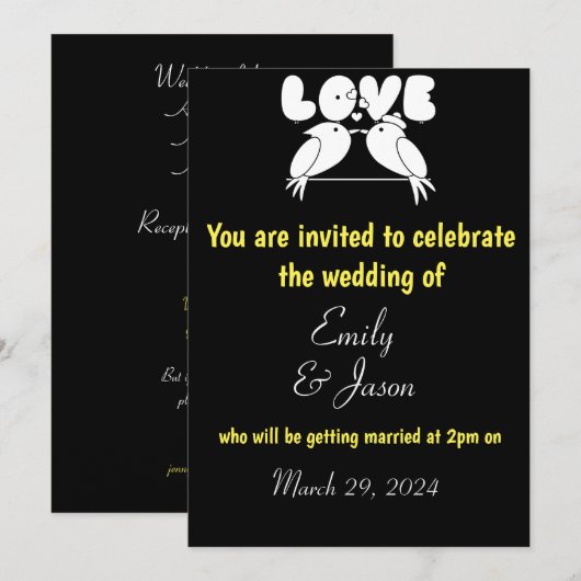 Elegant Black Wedding Invitation met liefdesvogels Kaart (Voorkant / Achterkant)