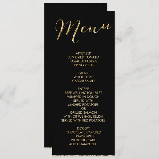 Elegant Black Wedding Menu Gold Foil (Voorkant / Achterkant)