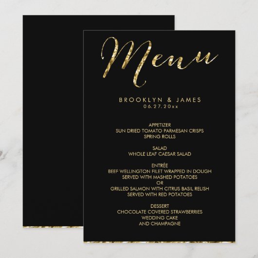 Elegant Black Wedding Menu met Gold Foil (Voorkant / Achterkant)