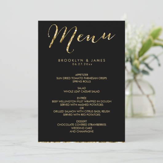 Elegant Black Wedding Menu met Gold Foil (Staand voorkant)