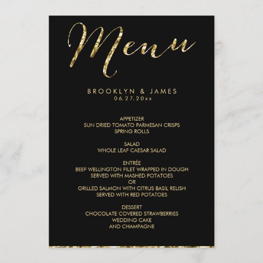 Elegant Black Wedding Menu met Gold Foil (Voorkant)