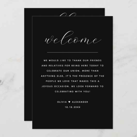 Elegant Black Wedding Weekend Timeline & Welcome Kaart (Voorkant / Achterkant)