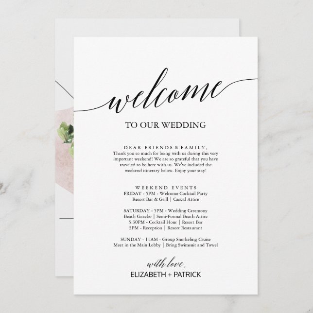 Elegant Black Welcome Letter Itinerary & Map (Voorkant / Achterkant)