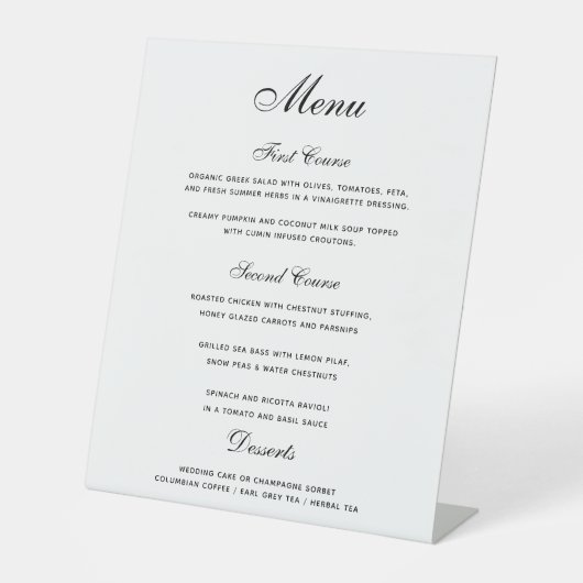 Elegant Black White 3-cursus Weddenmenu Reclamebord Met Voetstuk (Voorkant)