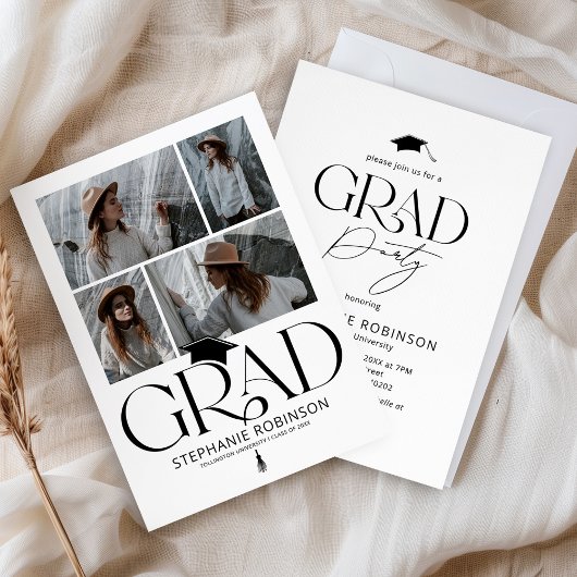 Elegant Black & White 4 Photo Graduation Party Kaart