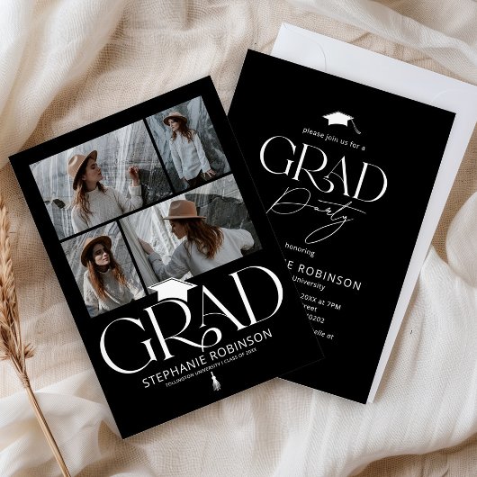 Elegant Black & White 4 Photo Graduation Party Kaart
