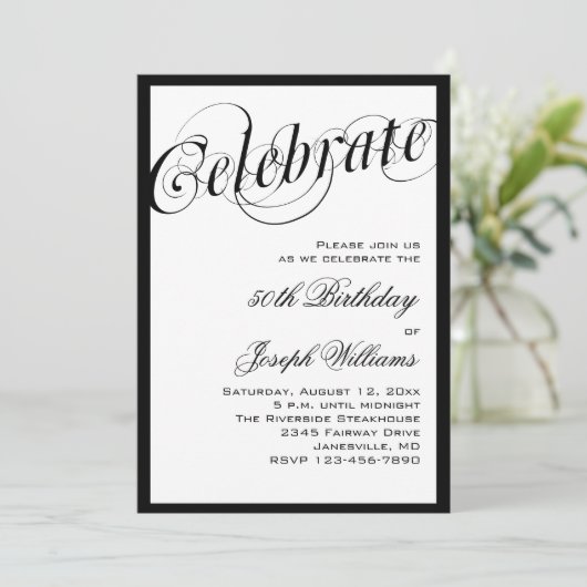 Elegant Black & White 50th Birthday-uitnodigingen Kaart (Staand voorkant)