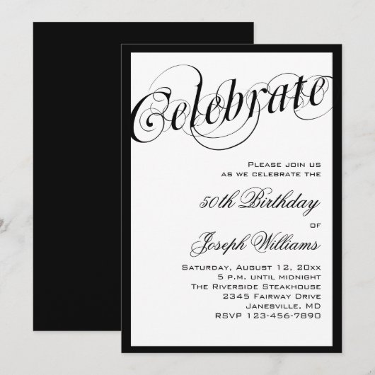 Elegant Black & White 50th Birthday-uitnodigingen Kaart (Voorkant / Achterkant)