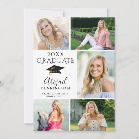 Elegant Black White 6 Photo Collage Afstuderen Aankondiging (Voorkant)