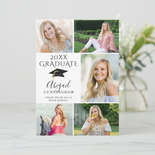 Elegant Black White 6 Photo Collage Afstuderen Aankondiging (Staand voorkant)